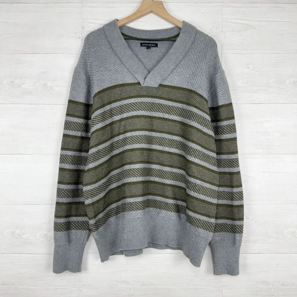 Banana Republic Men XL Traveler Stripe Shawl Collar Pullover Sweater Gray Cotton